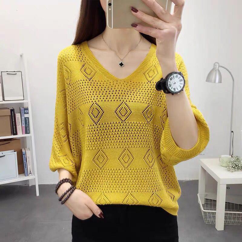 V-neck Hollow Knit Sweater Loose Breathable Long-sleeved Sweater Thin Bottoming Shirt
