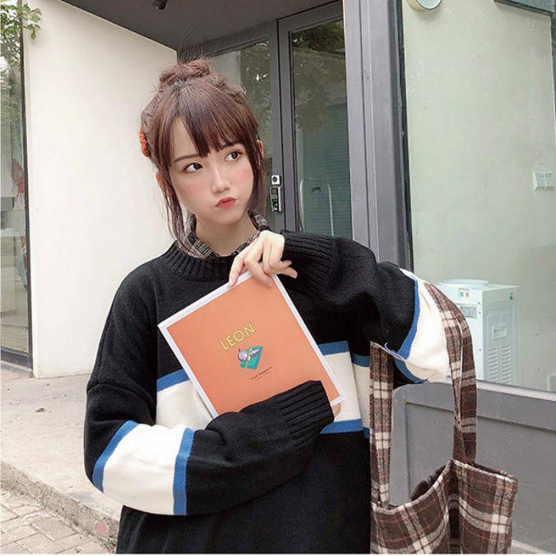 Winter Loose Round Neck Striped Stitching Sweater Female Pullover Long Sleeved Sweater