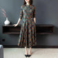 Printed Round Neck Spring Long Sleeve Dress Elastic Slim Fit Belly Long Skirt with Pocket Skirt Simple Comfortable Mid-Length A-Line Skirt