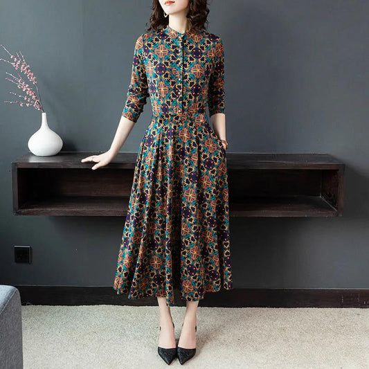 Printed Round Neck Spring Long Sleeve Dress Elastic Slim Fit Belly Long Skirt with Pocket Skirt Simple Comfortable Mid-Length A-Line Skirt