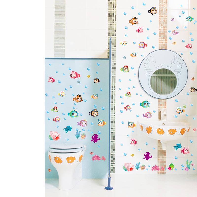 Cartoon sea bottom colorful bubble fish children room kindergarten bathroom sticker