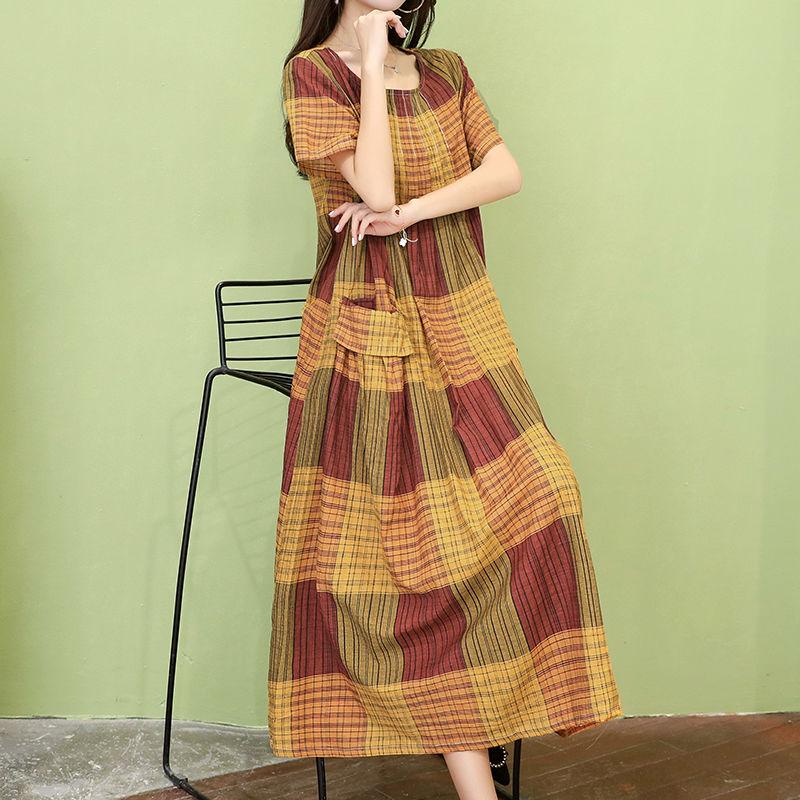 Mother Middle-aged Summer Cotton and Linen Dress Plus Size 100kg Loose Casual Linen Long Skirt Over The Knee