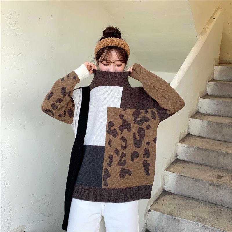 Autumn Winter  Women Fashion Sweater Casual Knitting Sweater Leopard  Round Neck Pullovers Loose Casual Long Sleeve Sweater