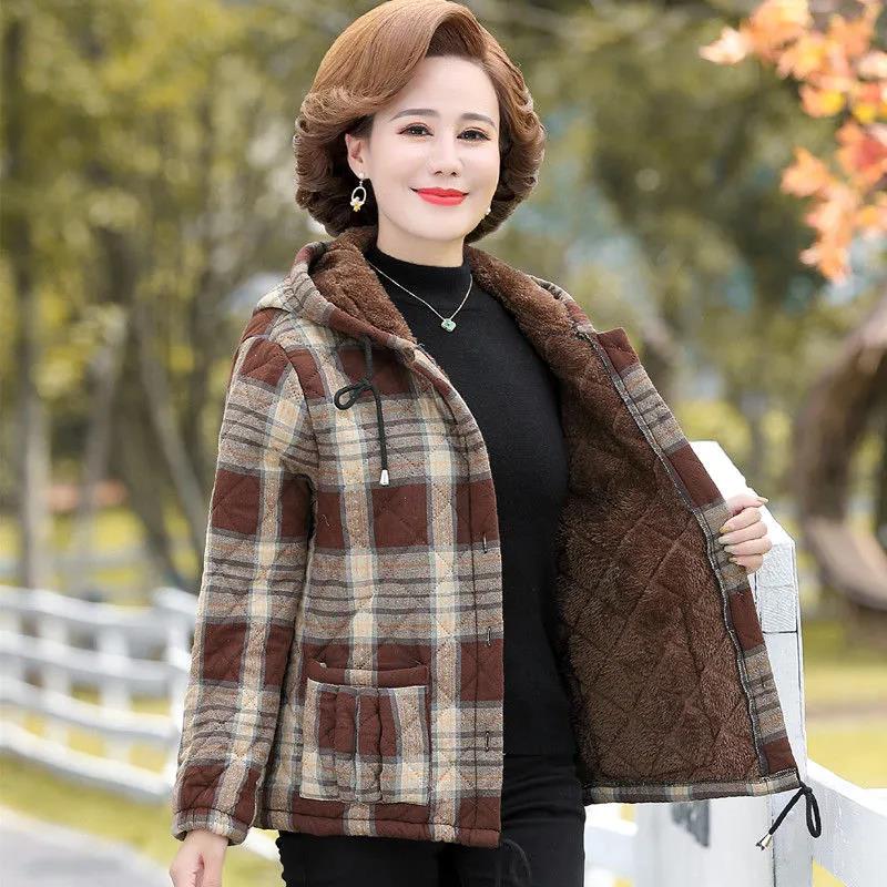 Winter Plus Velvet Cotton Jacket Women's Plaid Short Hooded Cotton Jacket Suitable for Middle-aged Women