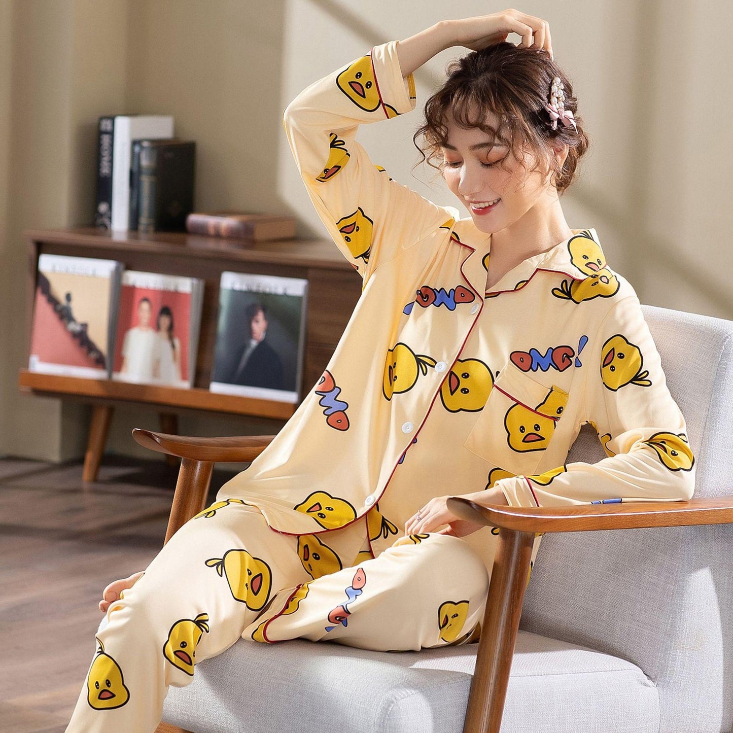 Women  Pajamas Set Cute Pyjamas Suit Turn-down Collar Sleepwear Long Sleeve Home Wear Casual Loose Nightwear Cartoon Night Shirt Top and Pants Sets