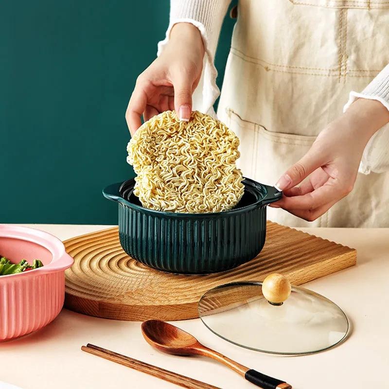 Nordic Style Ceramic Instant Noodle Bowl with Lid Binaural Soup Bowl Student Dormitory Rice Bowl Large Fruit Dish