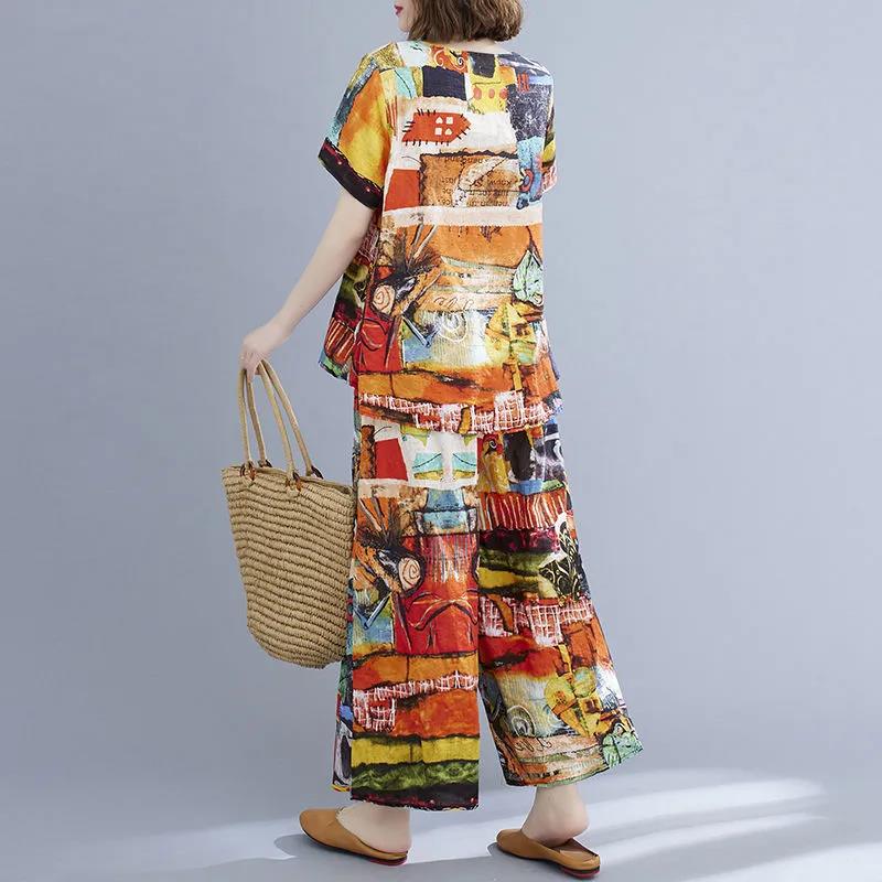 Two-piece Suit Cotton Large Size Ethnic Style Suit Female Summer Literature and Art Retro Short-sleeved Wide-leg Nine-point Pants Loose