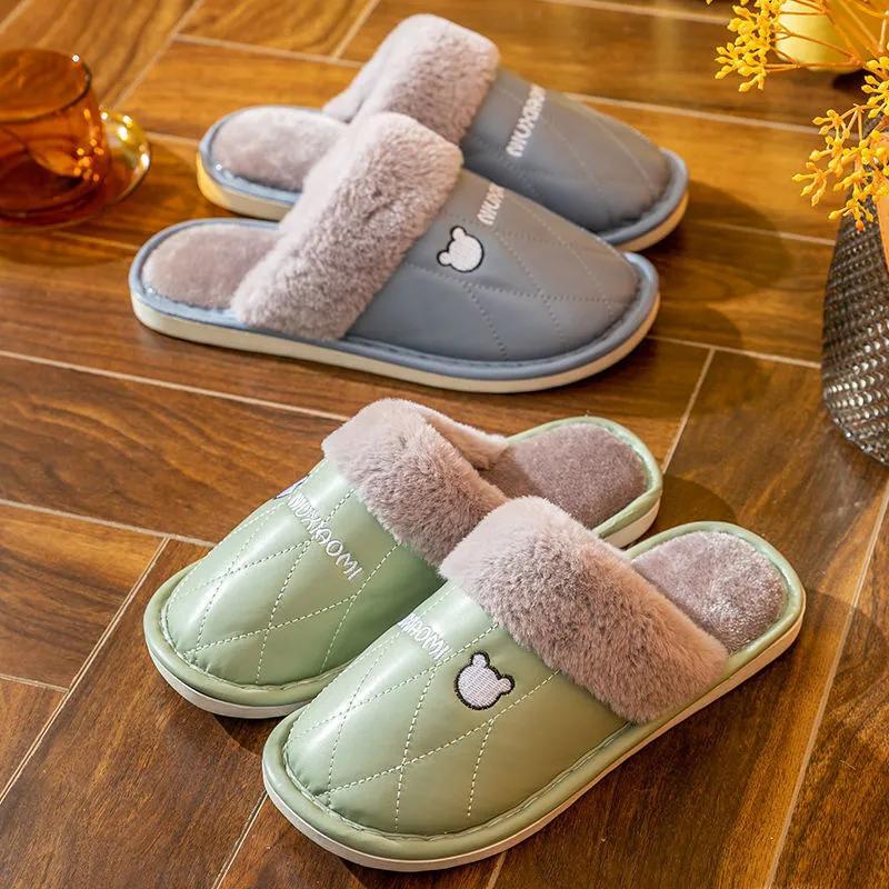Women Winter Slippers Pu Leather Fleece Thick Warm Plus Size Men Slides Home Casual Cotton Shoes Pink Slippers Women