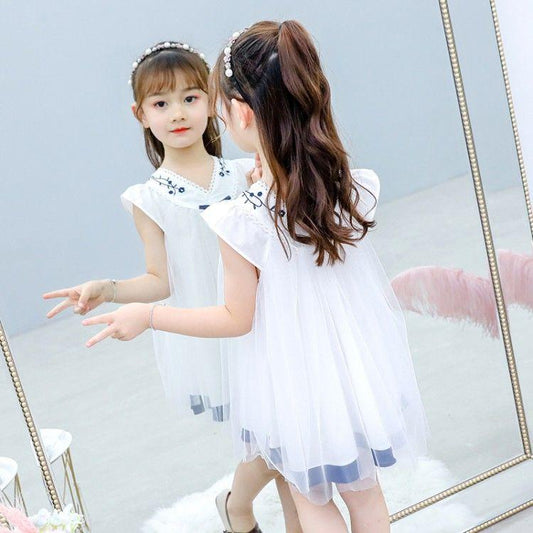 Children Dress Spring Summer Embroidery Kids Clothing  Baby Girls Clothing Solid Yarn Sleeveless Dress Girl