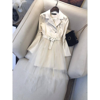 Irregular Leather Suit Skirt PU Leather Stitching Mesh Gauze Fake Two Long Dresses