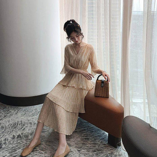 Pofulove S-XL Women V-neck Floral Chiffon Dress Thin Slim A-line Dress Flared Sleeve Long Dresses