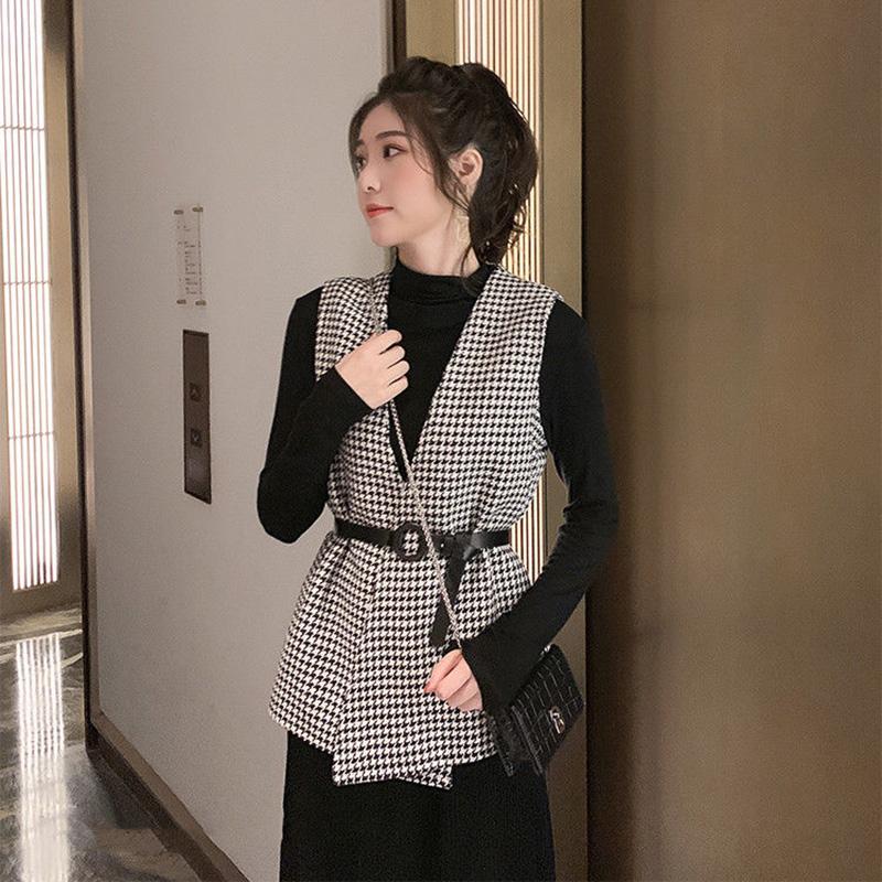 Houndstooth Women's Vest Sleeveless Spring and Autumn Casual Coat Waistcoats with Belt
