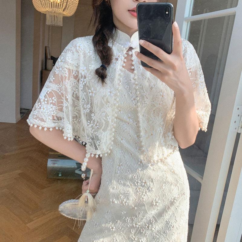 Pearl Trim Lace Cardigan Women Sun Protection Summer Short Solid Color Thin Shawl 1 PCS Elegant Cardigan
