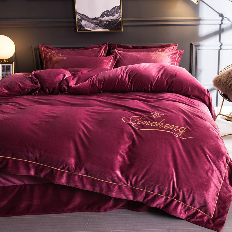 4pcs Bedding Set Winter Cotton Solid Color Plush Fleece Bed Sheet Quilt Cover Pillowcase Set