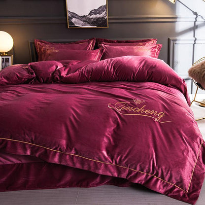 4pcs  Fleece Bedding Set Pure Color  Bed Sheet Quilt Cover Pillowcase Winter Warm Bedding