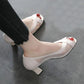 Soft Leather Mesh Thick Heel Sandals for Women's Outer Wear Spring and Summer Fashion All-match Fish Mouth Mid-heel Shoes
