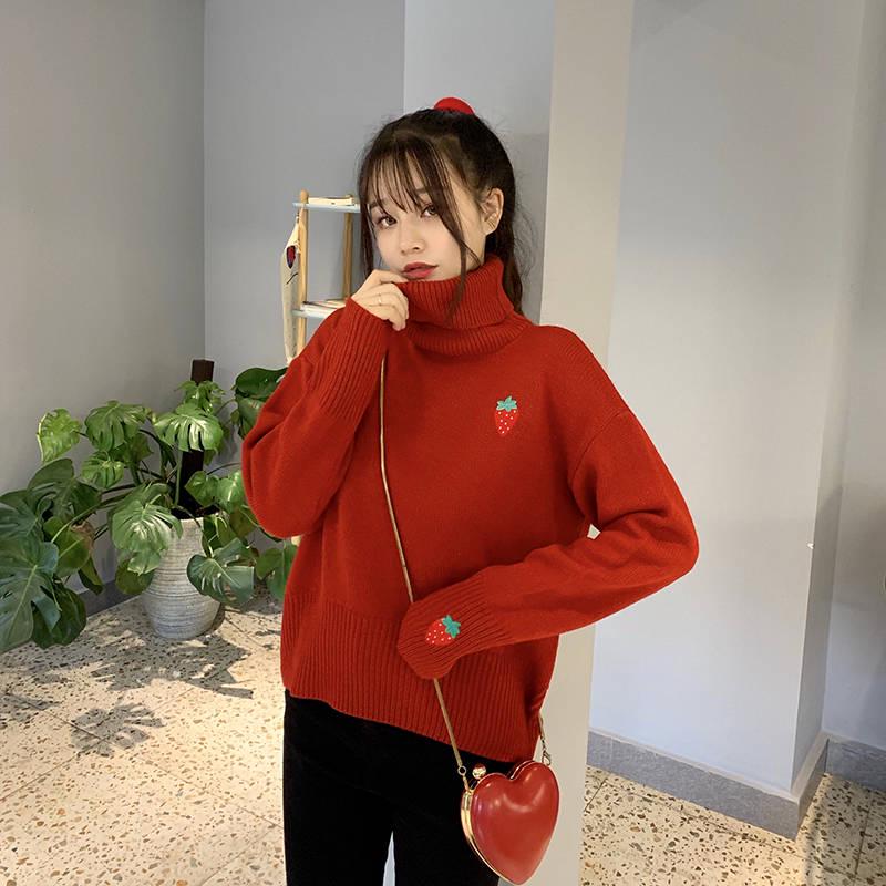 Winter Long-sleeved Loose Strawberry Embroidered Turtleneck Sweet Girl Was Thin Sweater