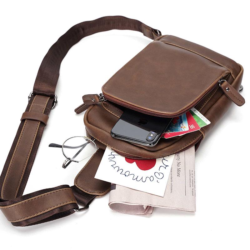 Chest Bag Men Coffee Large Capacity Multi-pocket Soft Leather Shoulder Bag Outdoor Sports Pockets