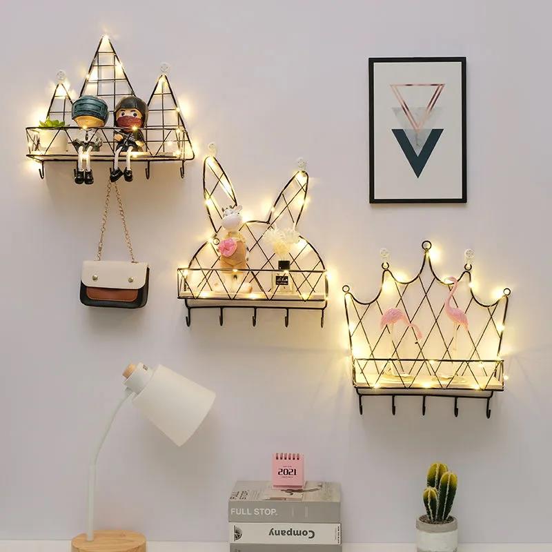5 Shape Storage Rack Home Punch-free Storage Rack Metal Solid Wood Waterproof Display Stand with Light Strip