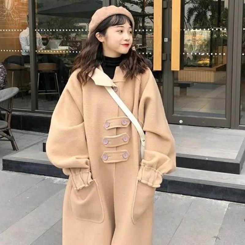 Women's Autumn Over-the-knee Coat Female Students' Long Woolen Coat Is Loose and Thin