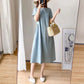 Ladies Summer Casual Slim Cotton Dress Mid-length Slim Fit A-line Short Sleeve O-neck High Waist