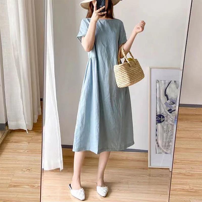 Ladies Summer Casual Slim Cotton Dress Mid-length Slim Fit A-line Short Sleeve O-neck High Waist