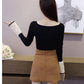 Pofulove flared sleeves hit color wild round neck jumper long sleeve bottoming sweater women