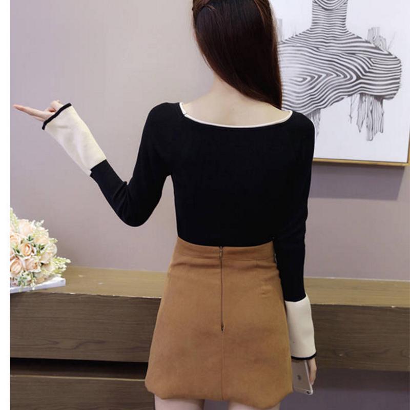 Pofulove flared sleeves hit color wild round neck jumper long sleeve bottoming sweater women