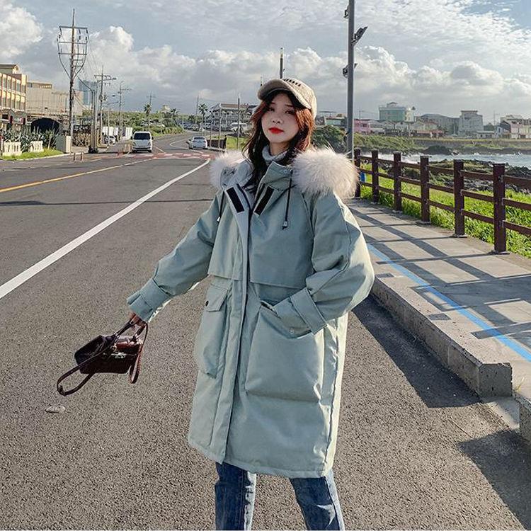 Faux Fur Collar Mid-length Down Jacket Women's Length Over The Knee, Large Size, Thicker, Loose Waist and Slim