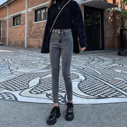 Retro High-waisted Skinny Pencil Pants Spring and Autumn Looks Thin and Versatile Skinny Nine-point Jeans Women