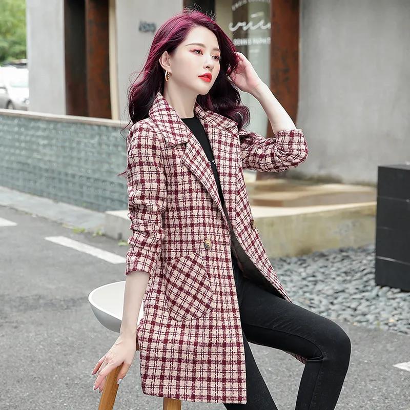 Coat Women's Spring and Autumn Plaid Woolen Coat Mid-length Slim Trench Coat
