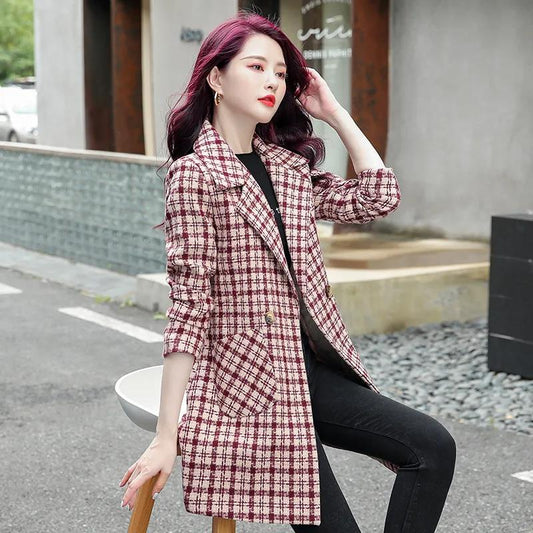 Coat Women's Spring and Autumn Plaid Woolen Coat Mid-length Slim Trench Coat