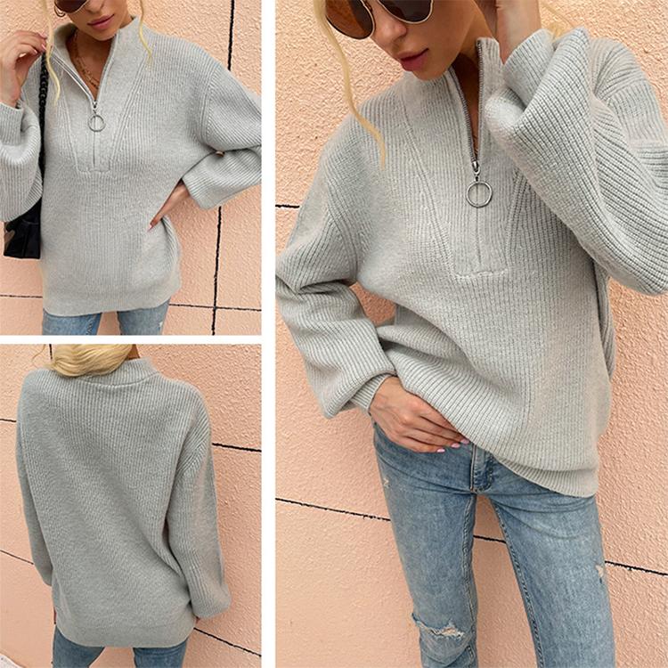 Women Sweater Autumn Tops for Women Solid Zipper V Neck Knitted Sweaters Women Clothing Female