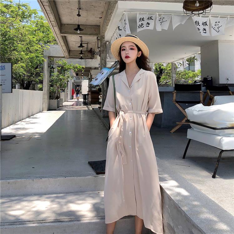 Casual Sashes A Line Women Dress Ladies Lapel Party Dress Summer Elegant Long Dress Shirt Dress