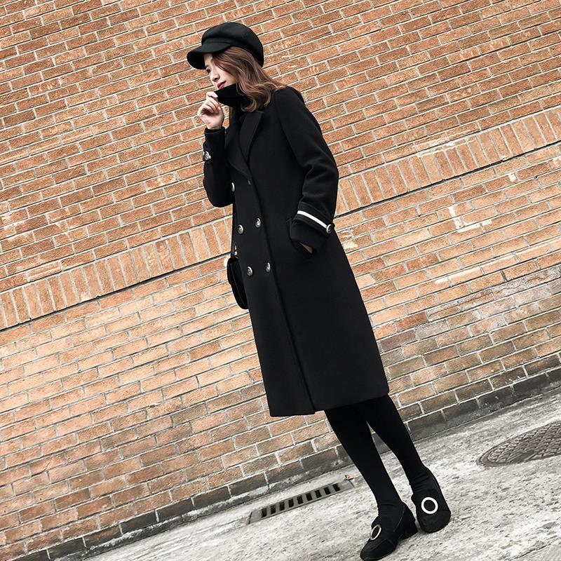 Black Women's Mid-length Woolen Coat Looks Thin In Autumn and Winter Straight Over The Knee Thick Coat