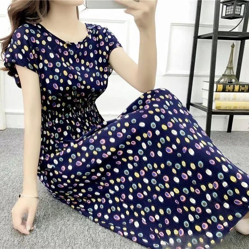 Summer Long Dress Casual Comfort Cotton Dress Floral Print Short Sleeve Dress Plus Size