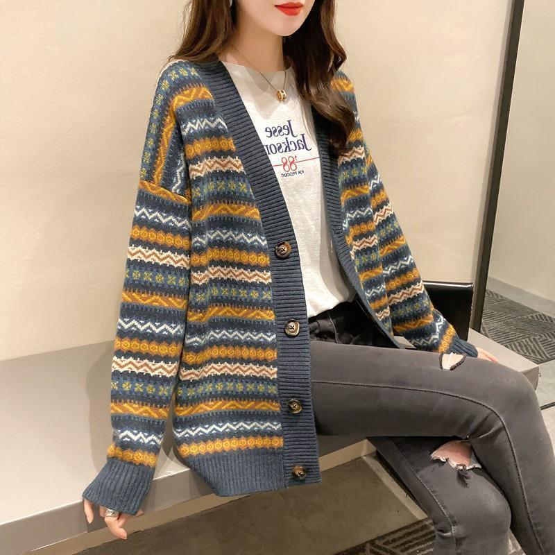 Retro Striped Knitted Cardigan Autumn and Winter Fashion Loose Sweater Plus Size Casual Jacket