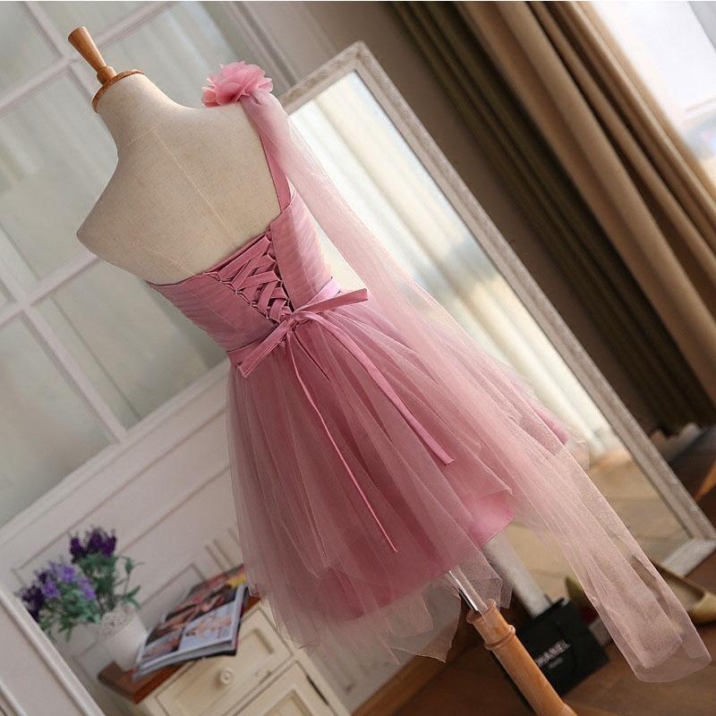 Fashion Solid Tulle One Shoulder Bandage Short Formal Wedding Evening Party Prom Bridesmaid Dress