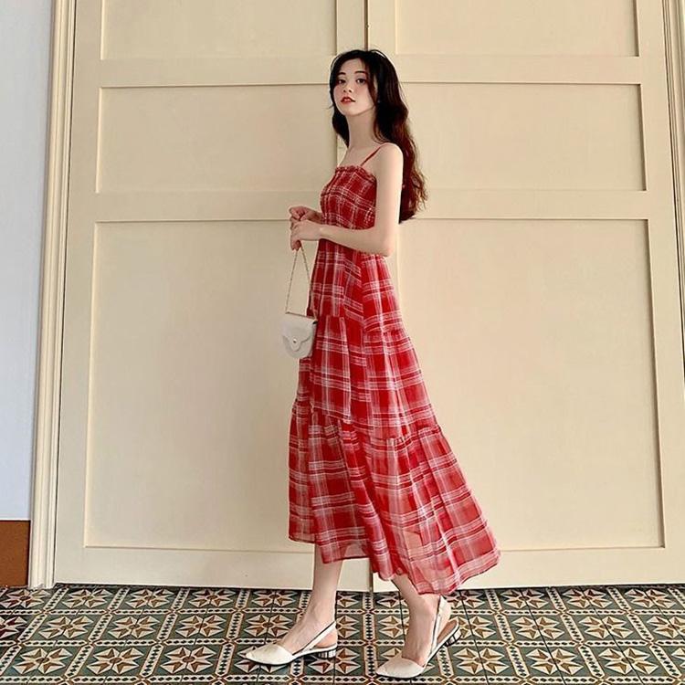 One Piece Women A-line Lattice Skirt Sling Dress Mid-length Chiffon Veil  Sleeveless Ruffled Folds Tube Top Party  Dress