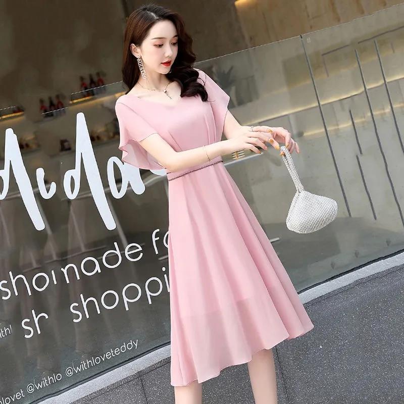 Dress Female Summer Loose Large Size Black Chiffon Dress Short-sleeved Waist V-neck Slim Casual All-match