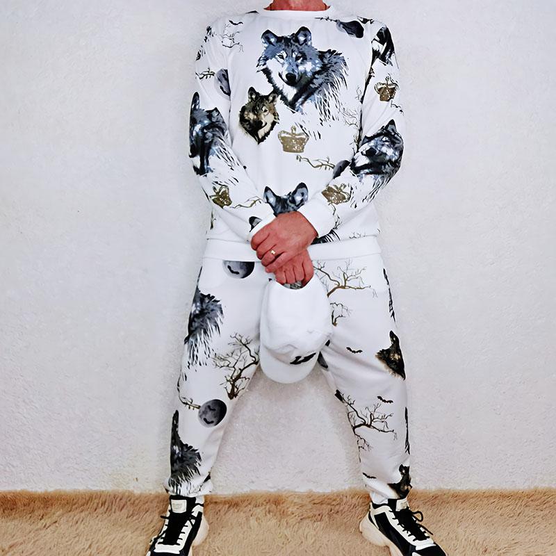 2pcs/set  Casual Sports Suit Outfits Men Autumn Printed Sweatshirt Pants Two-piece Handsome Sweatshirt Set