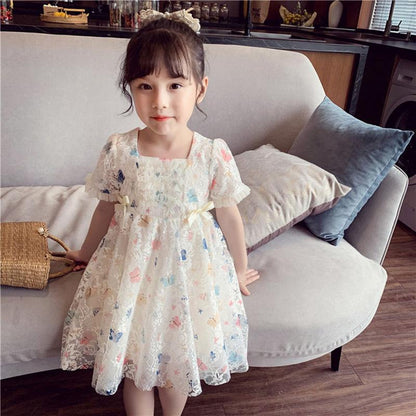 Girls Princess Dress Birthday Party Evening Dress Children Korean Style Foreign Butterfly Lace Dress Girl Puff Sleeve Dress