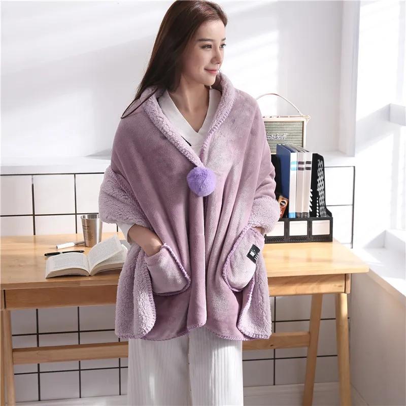 Autumn  Winter Multi functional Shawl Blanket Office Nap Blanket Thick Flannel Lamb Wool Blanket Knee Blanket Fur Ball Pocket Mantle Shawl