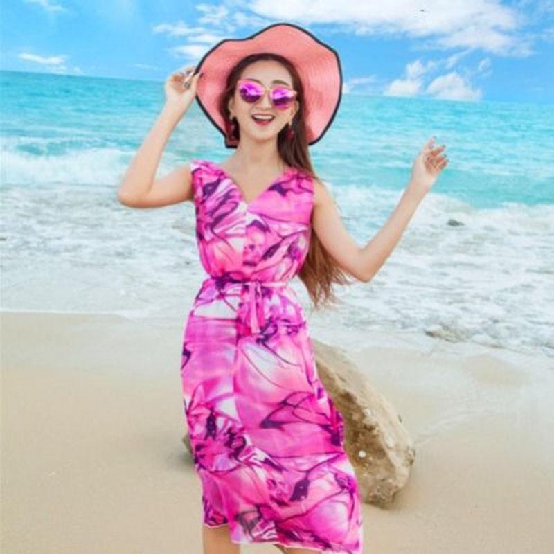 Fashion Bohemia Chiffon Printed Dress Midi V-neck Travel Vacation  Beach Dress Sleeveless Sundress