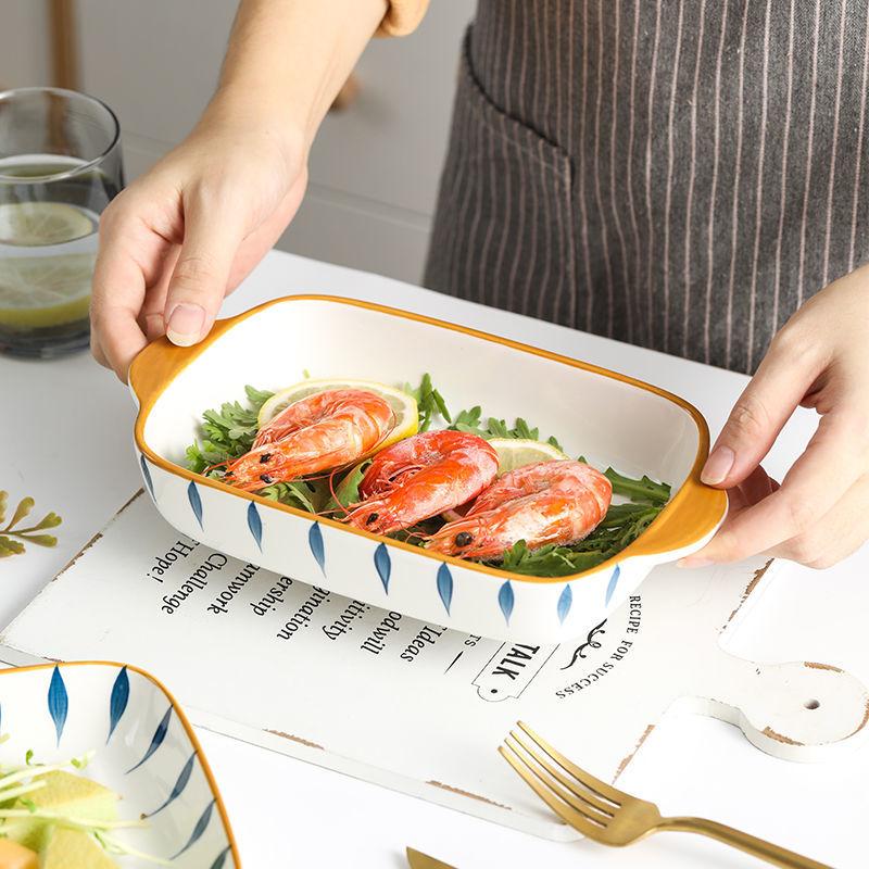 Japanese-style Hand-painted Handle Plate Bowl Creative Net Celebrity Baking Baked Rice Binaural Baking Tray Oven Special Ceramic Tableware Set