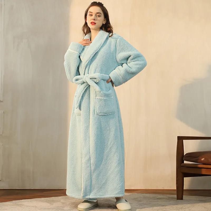 Long Pajamas for Women and Men Autumn Winter Velvet Warm Pyjamas Loose Casual Bathrobe with Belt Solid Color Long Sleeve Home Wear Plus Size Sleepwear