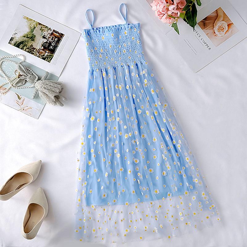 Mesh High Waist Small Daisy Suspender Skirt Small Fresh Dress Literary Retro Sweet First Love Dress Sleeveless Fairy Dress
