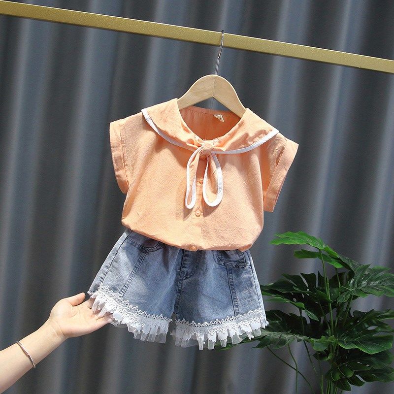 2PCS Children Clothing Set Spring Summer Girls Suits Lace Short Sleeve Tops + Pants Clothing Set