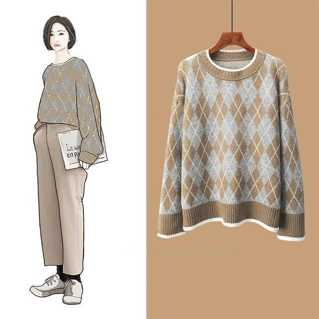 Loose Pullover Sweater Women's Autumn and Winter Retro Diamond Plaid Thick Knitted Sweater