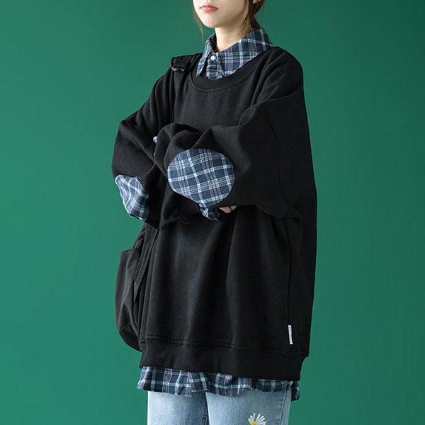 Cotton Spring and Autumn Clothes Fake Two-piece Sweater for Boys and Girls Loose Plaid Shirt Stitching on Clothes